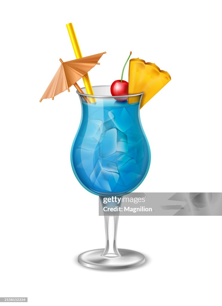 Tropical Blue Hawaiian Cocktail with Pineapple, Cherry, and Umbrella, Refreshing Summer Drink Vector Illustration