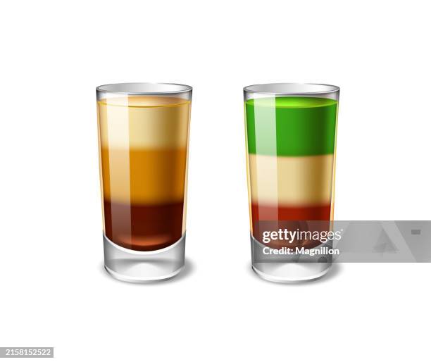 layered cocktail glasses with brown and multicolored drinks, vector illustration - shot glass stock illustrations