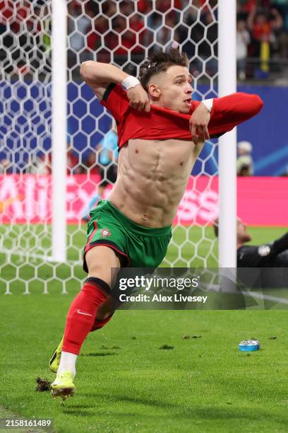 Francisco Conceicao of Portugal celebrates scoring his team's second goal during the UEFA EURO 2024 group stage match between Portugal and Czechia at...