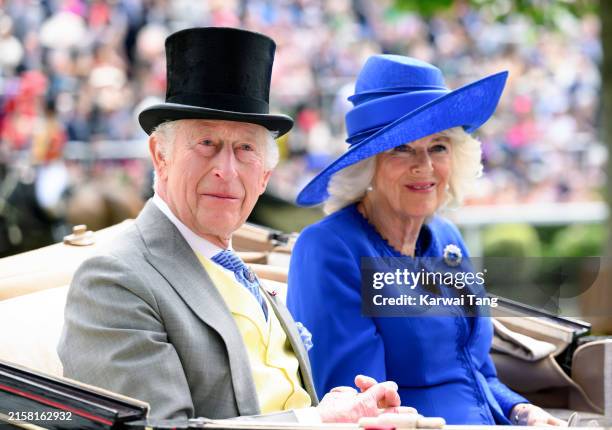 King Charles III and Queen Camilla attend day one of Royal Ascot 2024 at Ascot Racecourse on June 18, 2024 in Ascot, England.