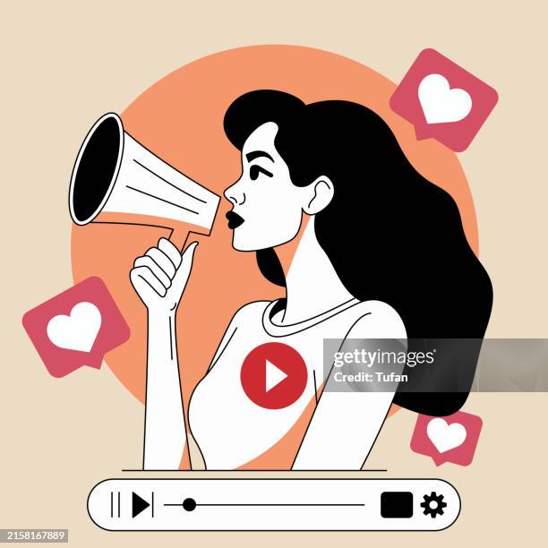 video marketing and influencer advertising vector illustration – woman promoting brand with megaphone - linkedin stock illustrations