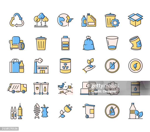 recycling simple line icon set. garbage, compost, zero waste, paper, plastic, electronic waste, ecology - compost stock illustrations
