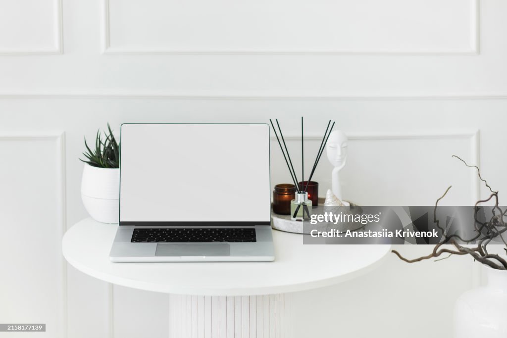Small White Computer Whitescreen Laptop Computer Mockup With Accessories On A White Desk In ...