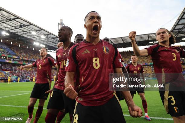 Youri Tielemans of Belgium celebrates after scoring a goal to make it 1-0 during the UEFA EURO 2024 group stage match between Belgium and Romania at...