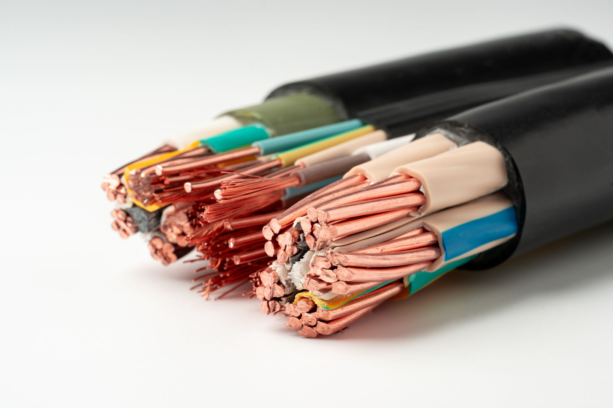 Close Up of Multi-Conductor Electrical Cable on White Background Close Up of Multi-Conductor Electrical Cable on White Background