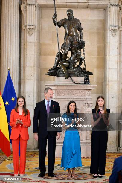 Crown Princess Leonor of Spain, King Felipe VI of Spain, Queen Letizia of Spain and Princess Sofia of Spain attend the solemn release of the royal...