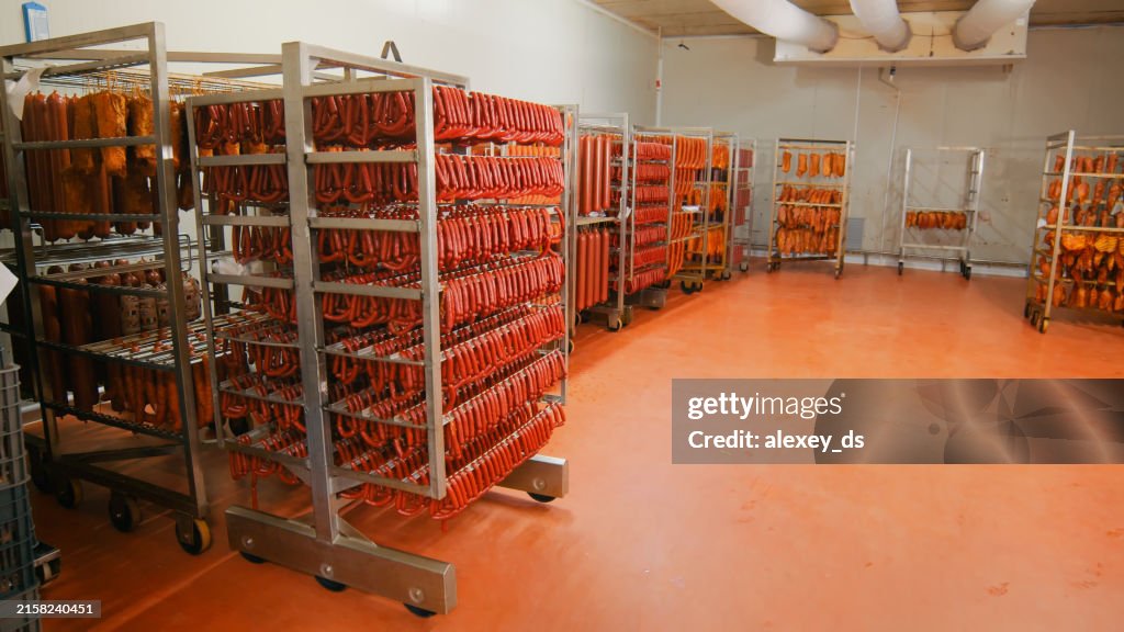 Meat Factory Rack Industrial Meat Processing Room With Sausage Racks High-Res Stock Photo ...