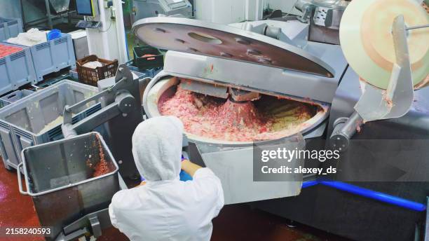 employee managing meat processing equipment - meat grinder stock pictures, royalty-free photos & images