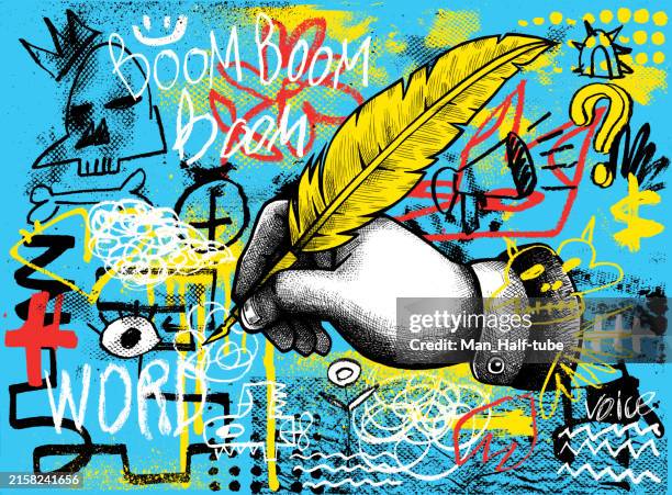 stockillustraties, clipart, cartoons en iconen met quill feather pen in hand - dichter