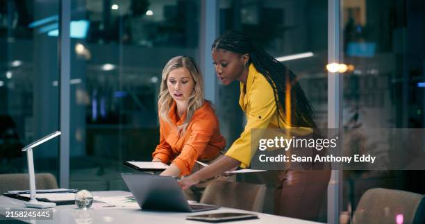 business people, night and women with teamwork, laptop and research for article, cooperation and deadline. evening, employees and journalist with computer, meeting and editor for magazine layout - journalist stock pictures, royalty-free photos & images