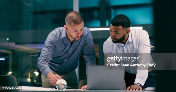 detective, technology and review in workplace together for teamwork, collaboration and partnership with strategy. man, investigation and laptop for justice, corruption and crime with video evidence - criminal investigation stock pictures, royalty-free photos & images