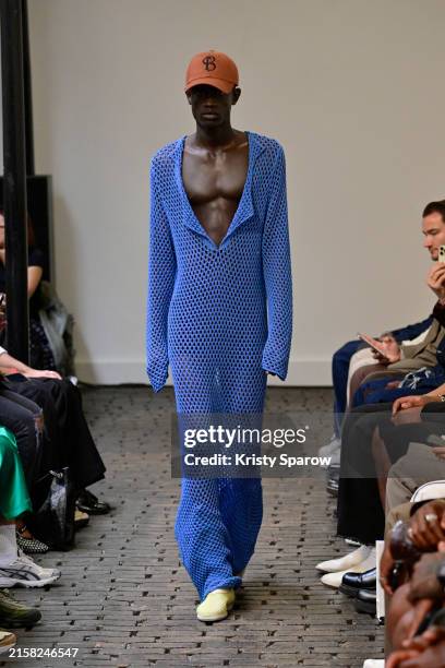 Model walks the runway during the Bianca Saunders Menswear Spring/Summer 2025 show as part of Paris Fashion Week on June 19, 2024 in Paris, France.