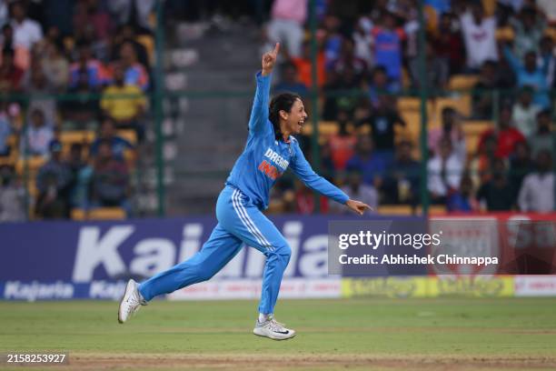 Smriti Mandhana of India celebrates the wicket of Sune Elbie Luus of South Africa during game two of the ODI series between India and South Africa at...