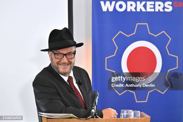 Leader of the Workers Party of Britain George Galloway speaks during his party's manifesto launch at the Voco hotel on June 19, 2024 in Manchester,...