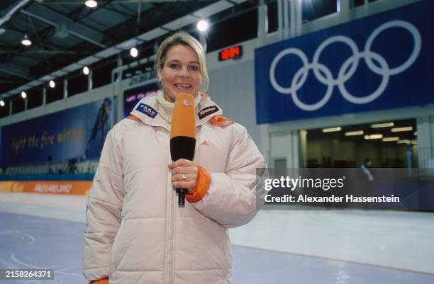 German speed skater Gunda Niemann-Stirnemann reporting for German broadcaster ZDF during the 2002 Winter Olympics, at the Utah Olympic Oval in...