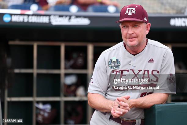 Head coach Jim Schlossnagle of the Texas A&M Aggies looks on before the game against the Tennessee Volunteers during the Division I Men's Baseball...