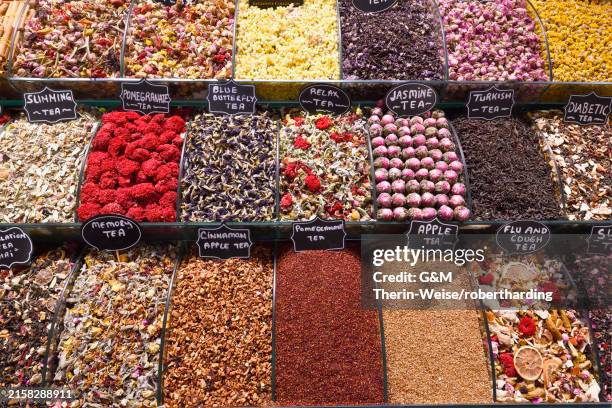 egyptian bazaar with tea display, istanbul, turkey, europe - spice bazaar stock pictures, royalty-free photos & images