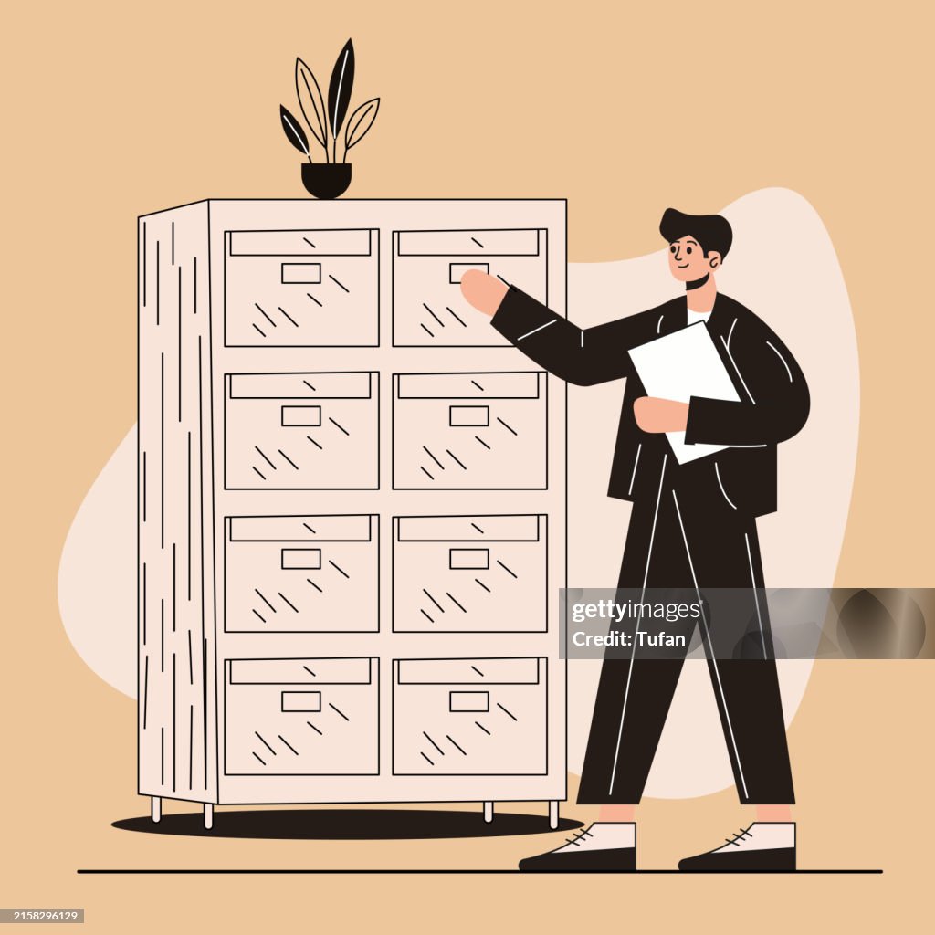 File Organization Vector Organizing Files And Documents Vector Illustration Businessman Managing ...