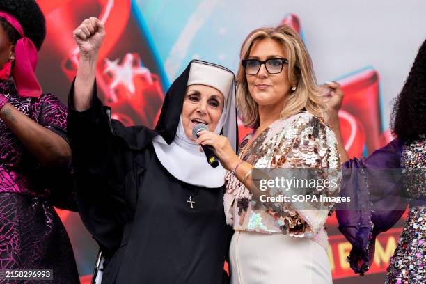 Mazz Murray interviews Lesley Joseph who is on stage with Sister Act the musical in costume , nun habit. Musical Theatre shows from the West End and...