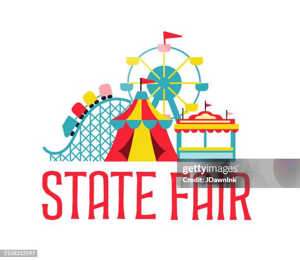 ilustrações, clipart, desenhos animados e ícones de modelo colorido de design de etiquetas da feira estadual com tenda de carnaval, roda gigante, montanha-russa e estande de comida de concessão - parque de diversões evento de entretenimento