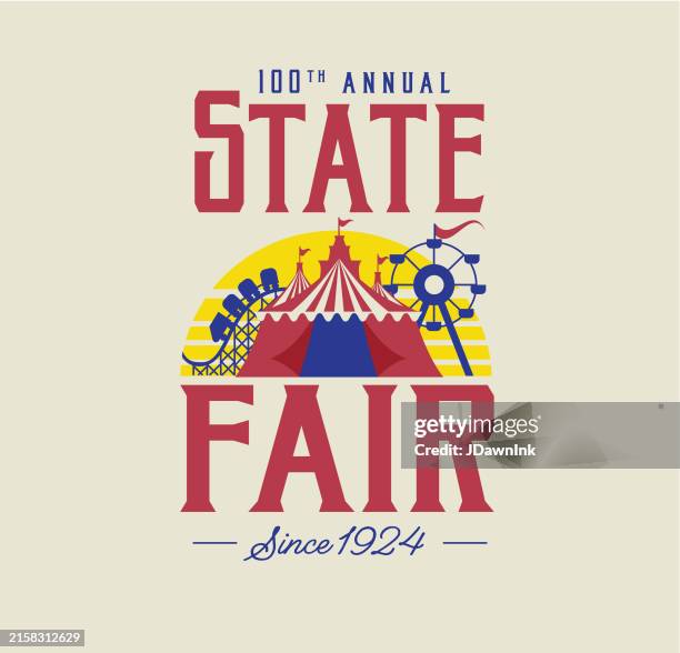 bunte state fair label design vorlage mit karnevalszelt, riesenrad, achterbahn und sonne - volksfest stock-grafiken, -clipart, -cartoons und -symbole