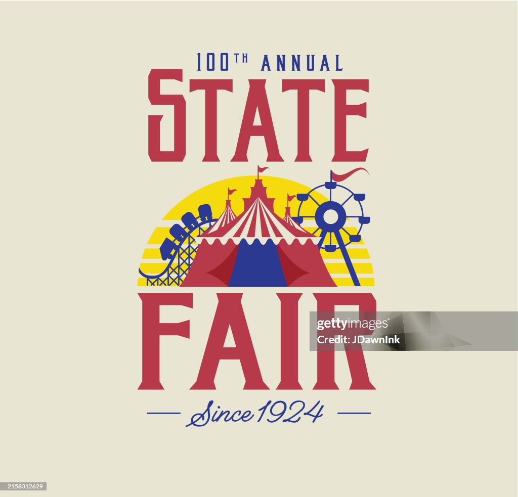 Modelo colorido de design de etiqueta da feira estadual com tenda de carnaval, roda gigante, montanha-russa e sol