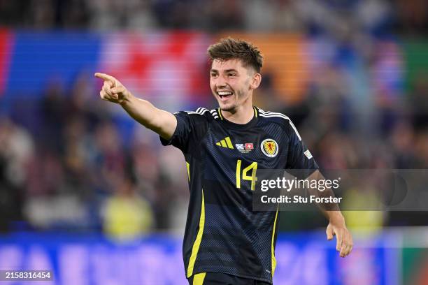 Billy Gilmour of Scotland gestures during the UEFA EURO 2024 group stage match between Scotland and Switzerland at Cologne Stadium on June 19, 2024...
