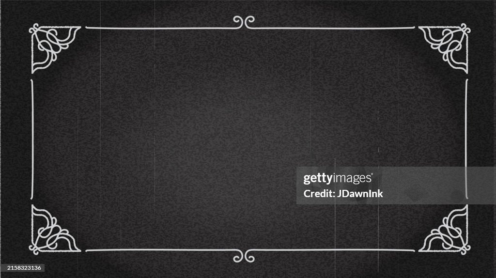 Black and white retro Silent Film Text Card Screen background and decorative frame lot's of grain texture 4k aspect ratio