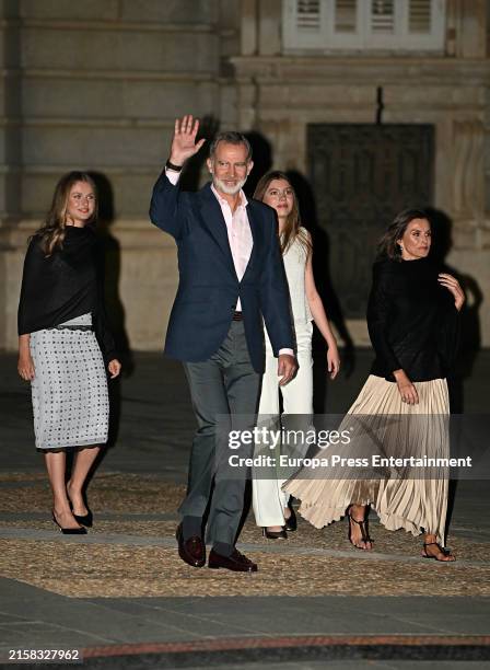 Princess Leonor and Infanta Sofia greet the public before the projection of a videomapping for the 10th anniversary of the proclamation of King...