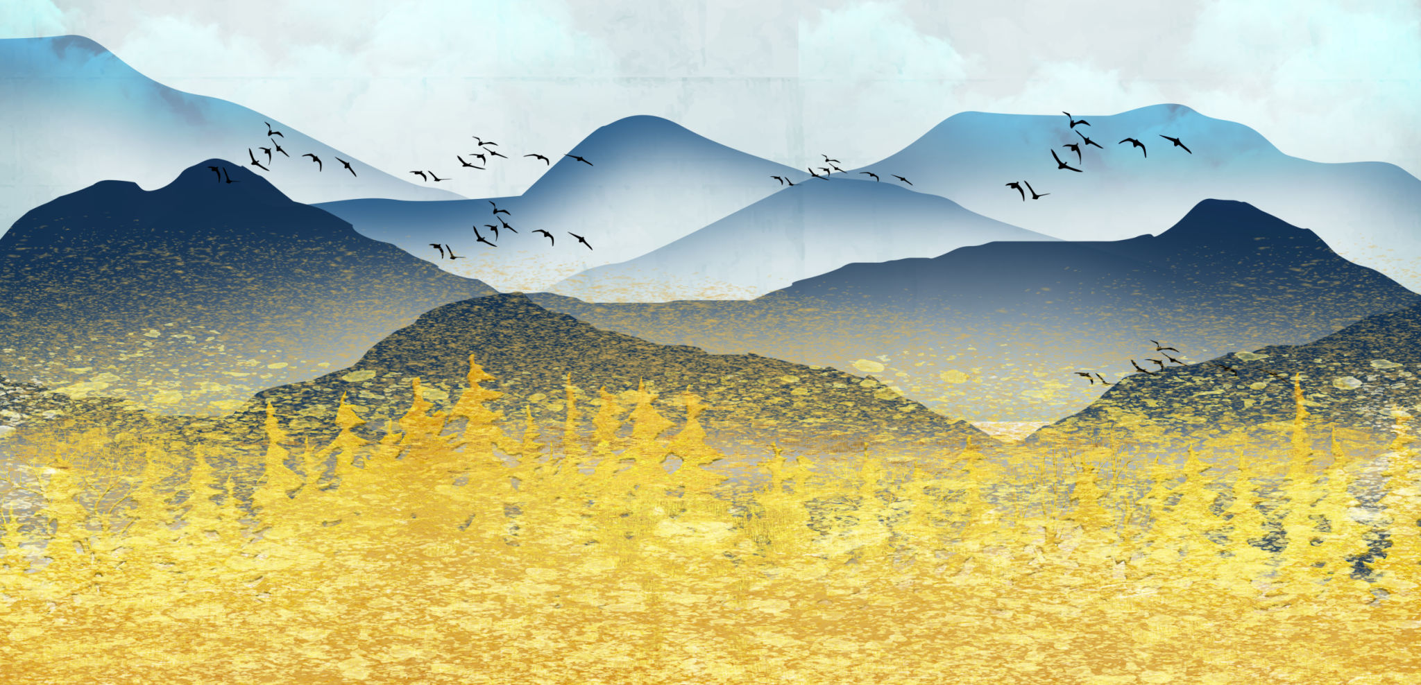 3d blue landscape modern art mural wallpaper. Forest, dark blue background and white clouds with colorful mountains. Chinese artwork for wall decoration 3d blue landscape modern art mural wallpaper. Forest, dark blue background and white clouds with colorful mountains. Chinese artwork for wall decoration