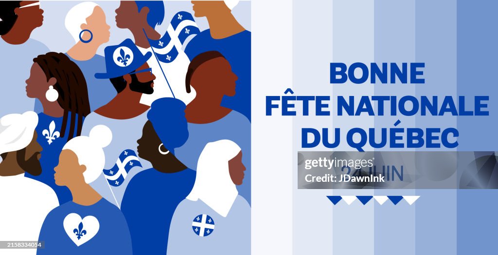 Happy National Day of Quebec June 24 web banner template with text design, diverse crowd of people celebrating and Quebec flags waving