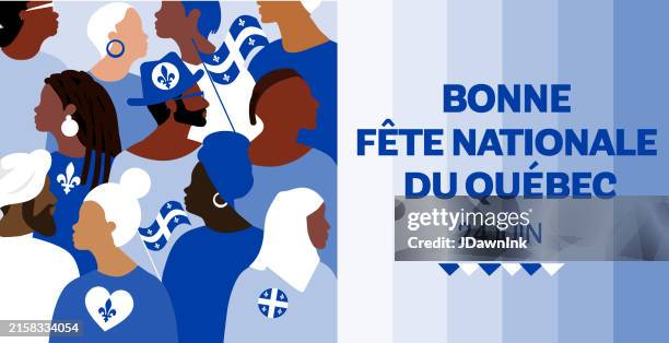 happy national day of quebec june 24 web banner template with text design, diverse crowd of people celebrating and quebec flags waving - quebec stock illustrations