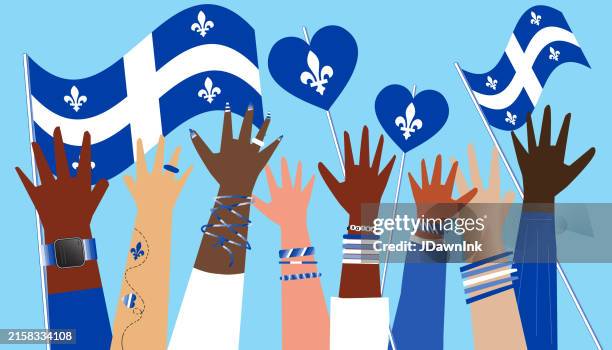 happy national day of quebec june 24 web banner template with raised hands waving and quebec flag - quebec stock illustrations