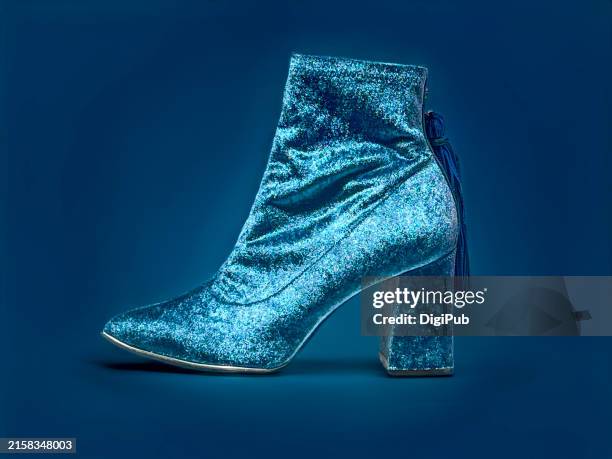 shiny blue velvet ankle boot - chunky heels stock pictures, royalty-free photos & images