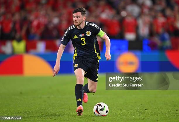 Scotland player Andy Robertson in action during the UEFA EURO 2024 group stage match between Scotland and Switzerland at Cologne Stadium on June 19,...