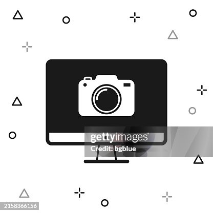 Desktop computer with camera. Icon on white background Desktop computer with camera. Icon on white background