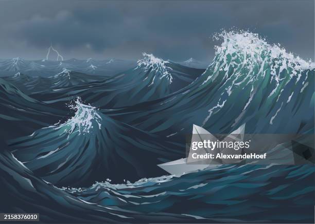 illustrazioni stock, clip art, cartoni animati e icone di tendenza di mare in tempesta con barchetta di carta - mare tempesta