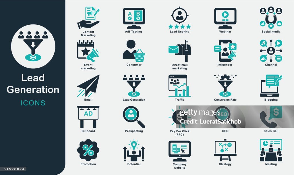 Collection d’icônes solides de génération de prospects. Marketing événementiel, Médias sociaux, Prospection, Marketing, Stratégie, Vente, Publicité, Potentiel, Consommateur, Webinaire, SEO, Appel de vente, Paiement par clic, Taux de conversion