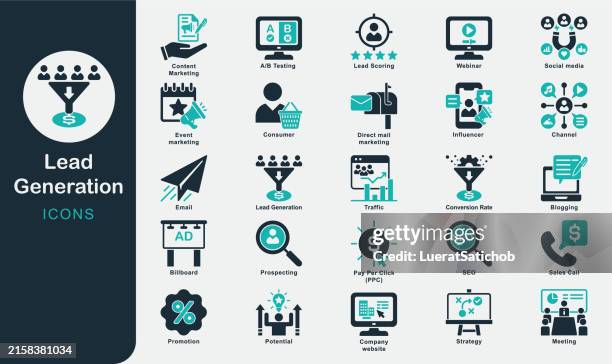 lead generation solid icons collection.event marketing, social media, prospecting, marketing, strategy, sale, advertising, potential, consumer, webinar, seo, sales call, pay per click, conversion rate - b2b lead generation stock illustrations