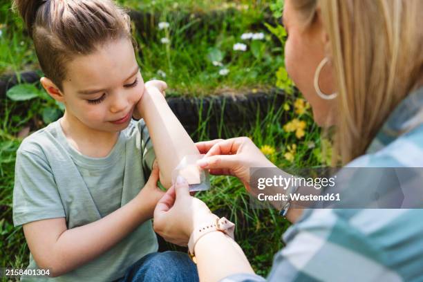 mother applying bandage on son's elbow in garden - elbow bandage stock pictures, royalty-free photos & images