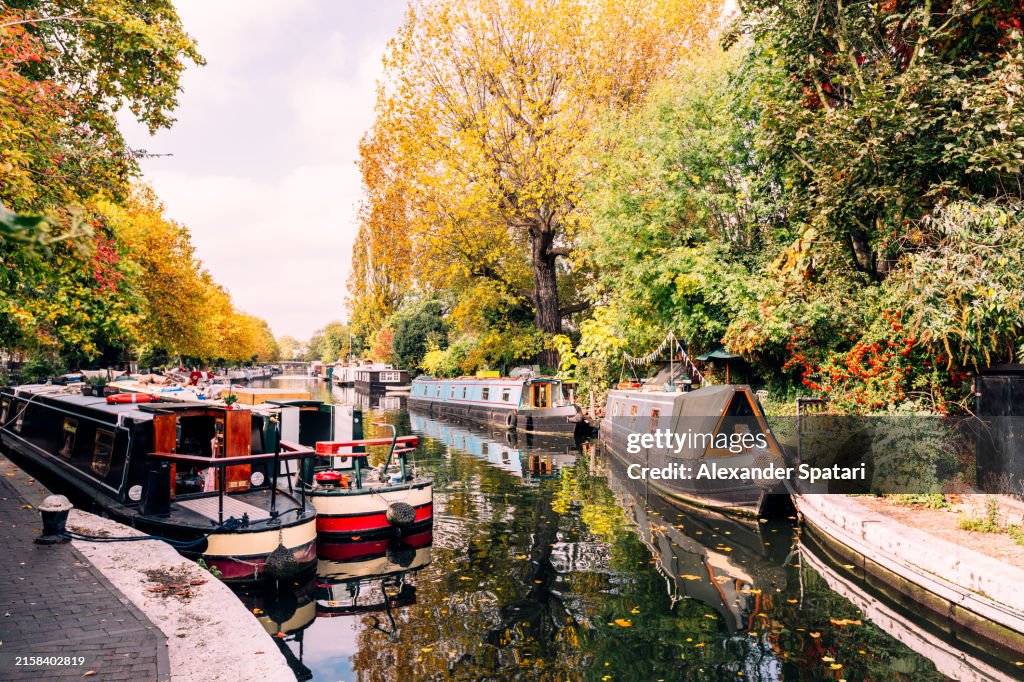 Houseboats in Little Venice neighbourhood in autumn, London, England, UK