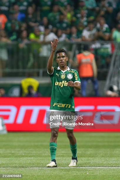 Estevao of Palmeiras celebrates after scoring the second goal of his team during the match between Palmeiras and Juventude at Allianz Parque on June...