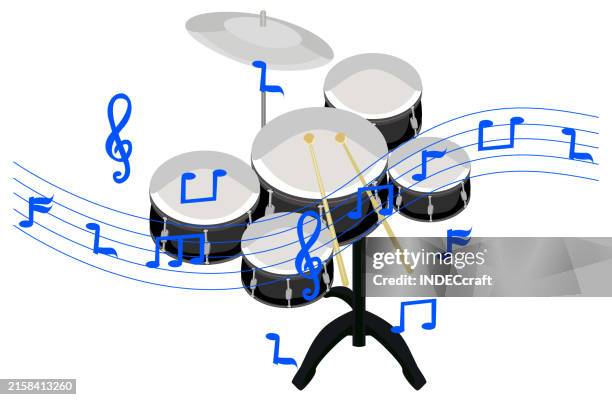 drum set with musical note - orchestra instruments stock illustrations