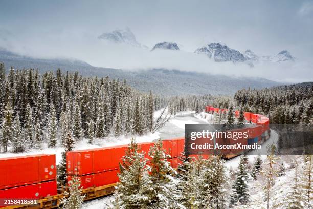 freight train snow track, mountains - comboio de mercadorias imagens e fotografias de stock