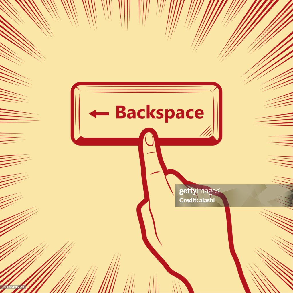 Uma mão humana pressiona o botão Backspace com o dedo indicador, ao fundo com linhas de velocidade radiais de mangá