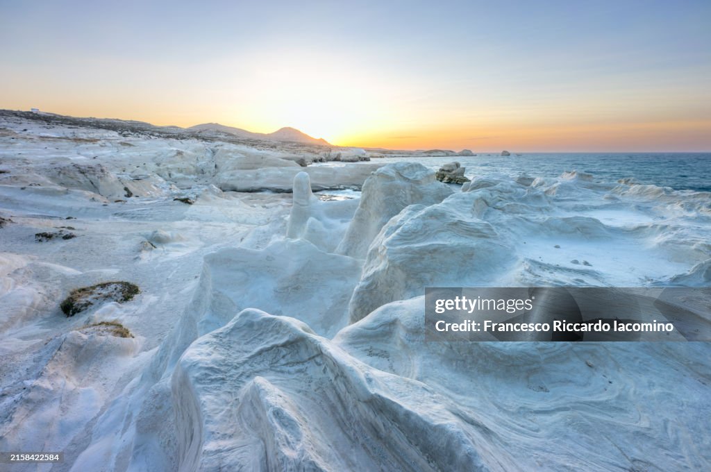 Sarakiniko Beach, White Volcanic Rock formations on Milos Island, Cyclades, Greece