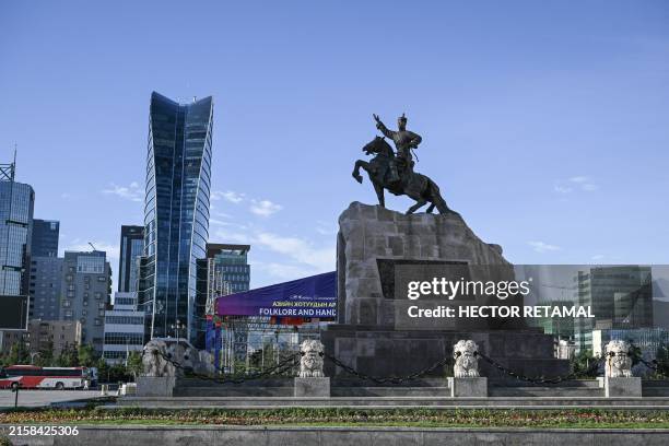 This photo shows a general view of the Sukhbaatar Square next to the Mongolian Government Palace in Ulaanbaatar on June 24, 2024.