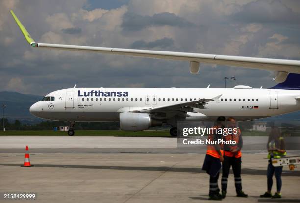 Lufthansa Airbus A320-200 Herford airplane is landing at Sofia Airport in Sofia, Bulgaria, on May 8, 2024.