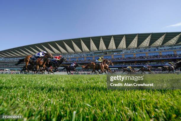 General view as runners in The Britannia Stakes race towards the finish on day three during Royal Ascot 2024 at Ascot Racecourse on June 20, 2024 in...