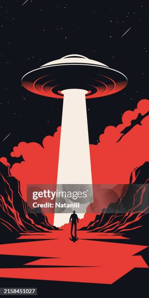 ufo poster - cartoon spaceship stock illustrations